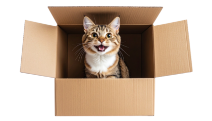 A funny cat with a big smile sitting inside or peeking out of a cardboard box. The cat has a mischievous or happy expression, with bright eyes and a playful posture. Isolated on a white or transparent