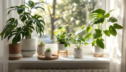 A realistic close-up of various indoor houseplants in stylish ceramic pots arranged on a white windowsill, with soft natural morning light streaming through sheer curtains. Plants include monstera, fi