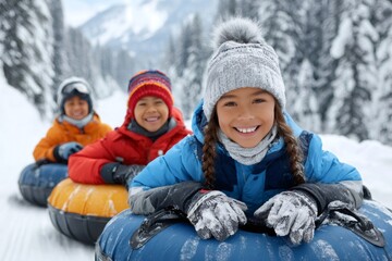 Joyful children snow tubing in winter wonderland