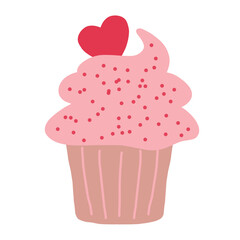 Cute pink cupcake with heart and sprinkles, romantic dessert icon for valentine or birthday