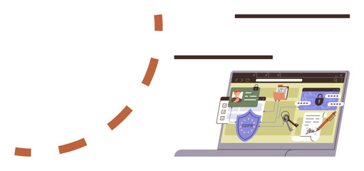 Laptop screen features cybersecurity elements thumbs up a password field, security shield, key, pen, email, and alerts. Ideal for security, privacy, technology data protection digital safety