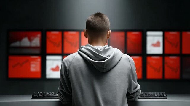 Cybersecurity Analyst: A person intently monitors an array of computer screens, analyzing data in a futuristic, high-tech control room, and embodying the essence of digital vigilance. 