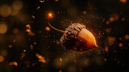 Fototapeta premium A single acorn floating in mid-air, slowly rotating in warm cinematic lighting, extreme close-up with rich textures, magical particles gently floating around, 