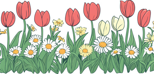 Hand drawn spring flower border with tulips daisies and other flowers