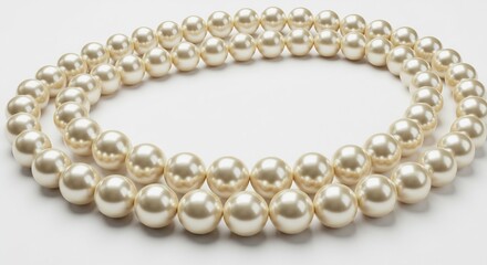 Fototapeta premium Elegant Double Strand Cream Pearl Necklace on White Background - Luxury Jewelry Photography