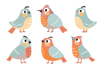 Fototapeta premium Whimsical Winged Wonders: Six cheerful birds, each with its own unique expression and vibrant plumage, come together in a delightful illustrated array.