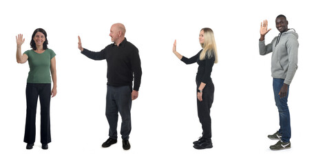 Obraz premium a group of people standing and waving someone imaginary on white background