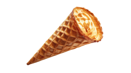 A crispy waffle cone filled with creamy ice cream on a white isolated background.