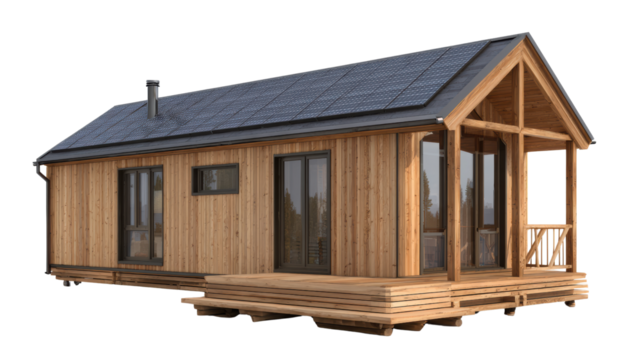 A modern wooden house with large windows and a sloped roof, showcasing contemporary architecture.