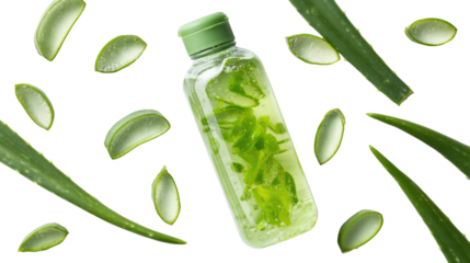 Aloe vera bottle with fresh leaves on a white isolate background.