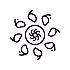 circular mandala with central swirl and paisley shapes in black outline design