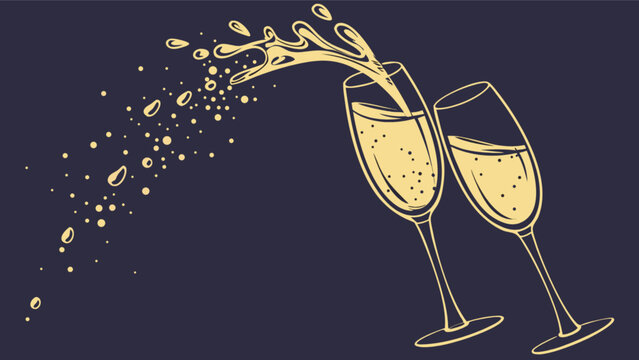 Two champagne glasses clink together, creating a splash of sparkling liquid, symbolizing celebration and festive occasions in a stylish vector illustration