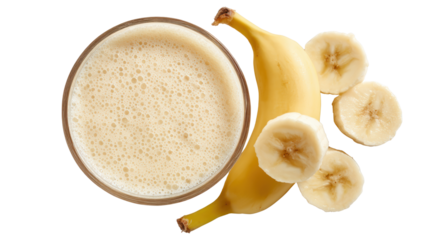 Banana smoothie in a glass with fresh bananas on a white background.