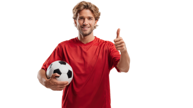 Cheerful soccer player in red shirt gives thumbs up while holding a soccer ball, white isolated background.
