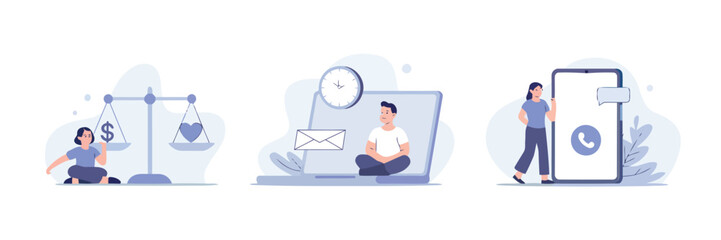 Harmony in the digital world: A curated illustration, portraying a serene individual engaged in the balancing act of time management, communication, and value.