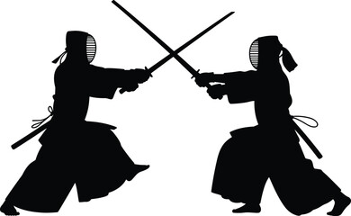 Kendo duel vector&mdash;silhouettes of two fighters in traditional armor with shinai crossed for martial arts and cultural themes