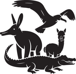 Black vector silhouettes of wild kangaroos and other cartoon animals are depicted in this design set