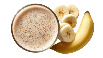 Delicious banana smoothie with fresh fruit on a white isolated background.