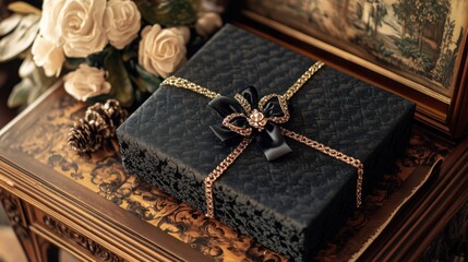gift box bow table luxurious neckless birthday wrapped presents princess warm tone cold benevolence precious