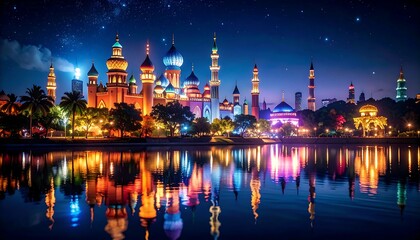 Obraz premium Colorful Illuminated Mosques Reflecting on a Night Lake