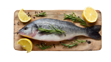 Fresh fish on a wooden board with lemon slices and herbs on a white isolated background.