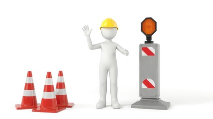 Safety worker figurine with orange safety light and road hazard traffic cones on a plain white background