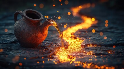 ancient clay pitcher pouring anointing oil glowing particles on to a winding mysterious path realistic dark fantasy