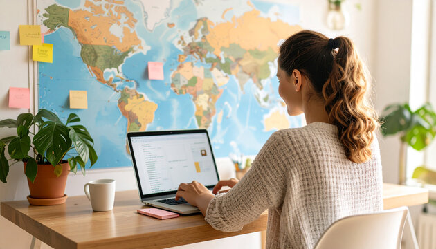 Remote Work and Global Perspective: A woman working on a laptop at a desk, the focus on a world map decorates the wall behind her, highlighting the connectivity and global reach of her work.