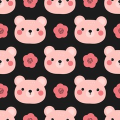 Cute seamless pattern with kawaii pink bear faces and red flowers on black background. Perfect for kids' fabric, nursery decor, wrapping paper, and digital design.