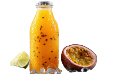 Fresh passion fruit juice in a bottle with ice, lime, and passion fruit on a white isolate background.