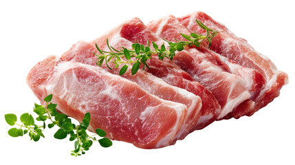 Fresh slices of meat with herbs on a white isolated background.