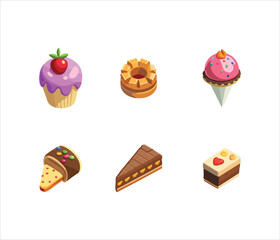 Isometric Sweets Collection Featuring Cupcake Donut Ice Cream and Cake Slice Isolated on White Background Delicious Treats