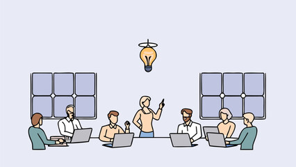 Illustration of a meeting with people around a table with laptops and a light bulb above them all
