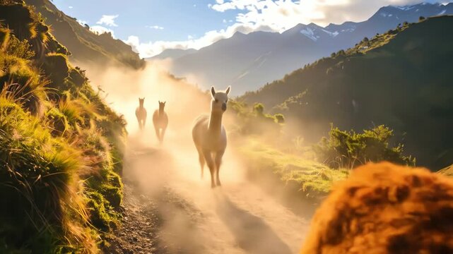 Alpacas frolic through mountainous landscapes