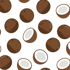 Obraz premium Tropical seamless pattern with whole and halved coconuts food background