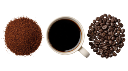 Ground coffee, coffee beans, and a cup of brewed coffee on a white isolate background.