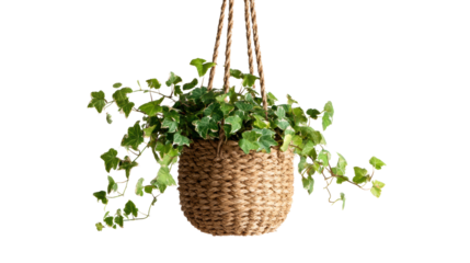 Hanging plant in a woven pot, vibrant green leaves cascading, natural home decor accent.