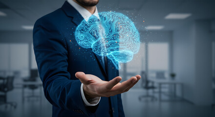 Innovative technology showcase: Digital brain held by executive in corporate environment