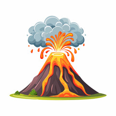 Vector illustration of an erupting volcano with lava flowing down the sides and smoke rising, full-color dramatic style