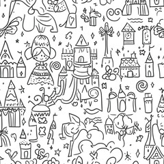 Hand drawn seamless pattern with princesses, castles, wands, flowers, clouds, butterflies, stars, hearts, and fantasy doodles in black outline style for children backgrounds and wallpapers