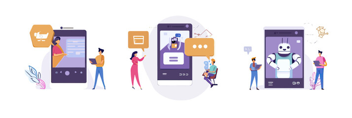 Fototapeta premium People interacting with chatbot assistants on smartphones, users asking questions receiving AI-generated responses, digital communication, flat vector illustration