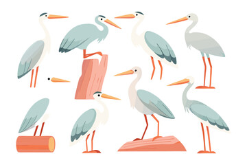 Heron Collection in Artistic Style: An artistic illustration of herons in various poses and settings, depicting the beauty of the bird species.