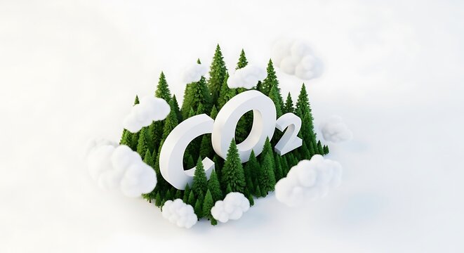 White C O2 letters amidst green trees and white clouds
