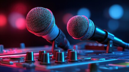 Obraz premium Hip Hop Microphone. DJ Remote with Two Microphones in Neon Red Blue Light