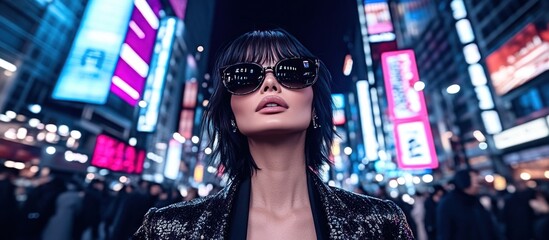 Fototapeta premium A woman wearing sunglasses gazes upwards in a brightly lit city at night