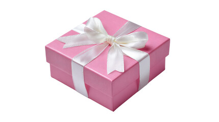 Pink gift box with a white ribbon on a white isolated background.