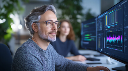 A focused professional analyzes data on dual monitors in a modern office setting, showcasing technology and collaboration.