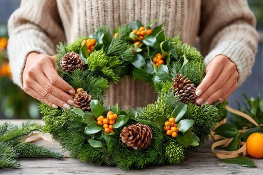 Florist arranging christmas wreath with pine cones and berries