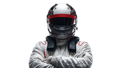 Race car driver in full gear with arms crossed, isolated on white background.