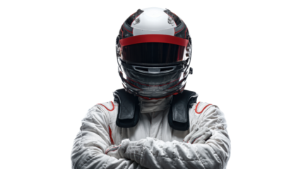 Race car driver in full gear with arms crossed, isolated on white background.